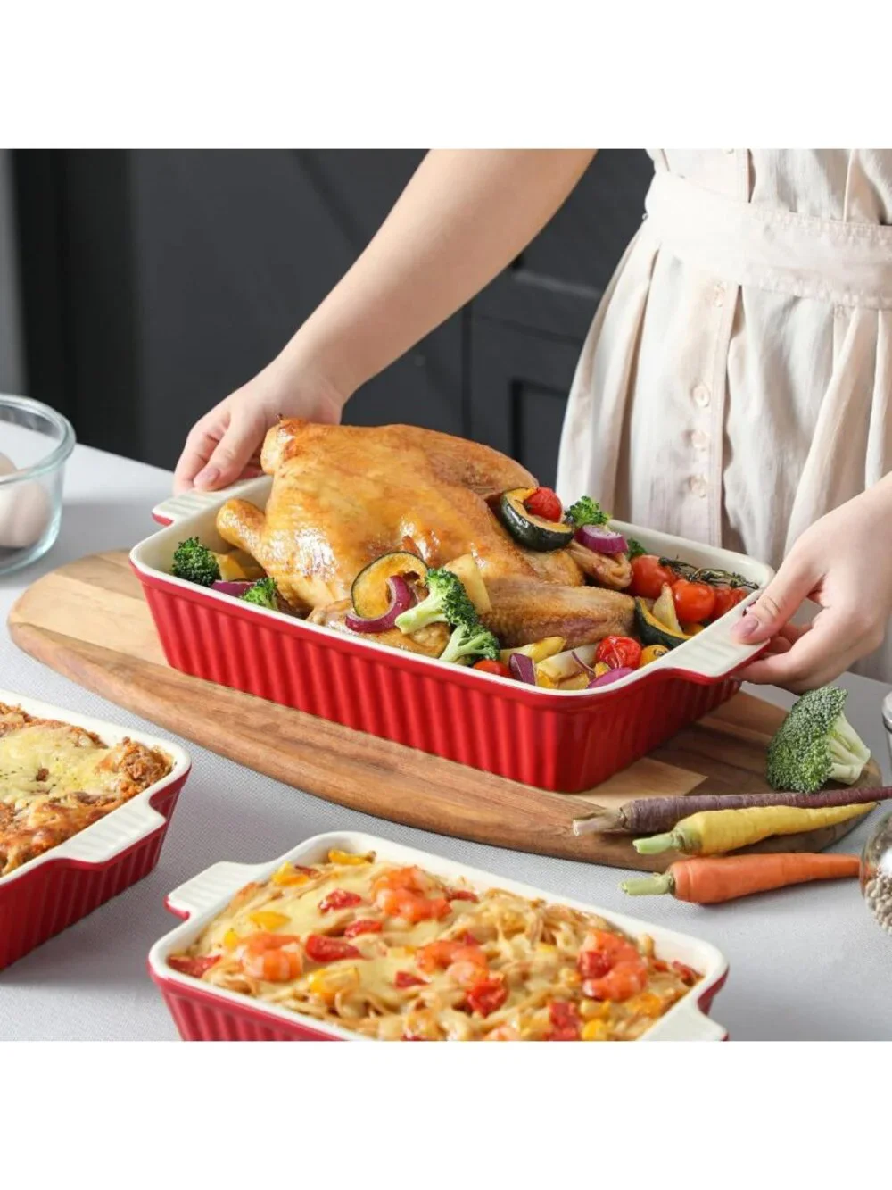 4-Piece Ceramic Bakeware Set for Oven - Casserole & Lasagna Dishes, Red